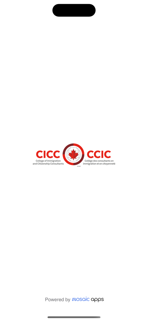 Startbildschirm der CICC CCIC Mobile App mit dem Logo des College of Immigration and Citizenship Consultants