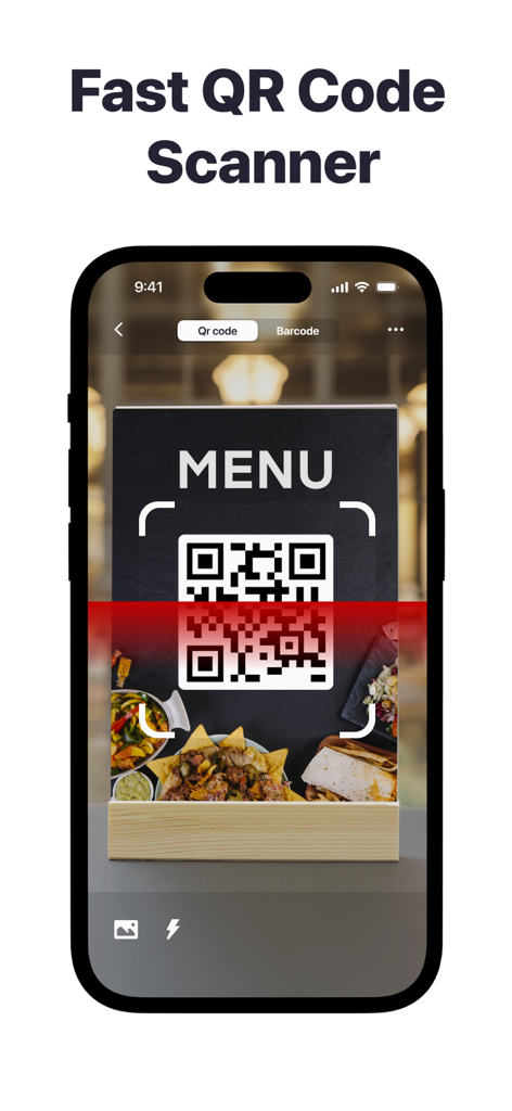 QR Code & Barcode－Scanner App - A fast QR code scanner app on an iPhone scanning a digital menu at a restaurant table.