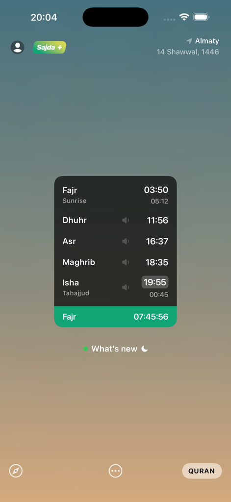 Saubere mobile Benutzeroberfläche der Sajda-App, die islamische Gebetszeiten und einen Countdown bis zum nächsten Gebet anzeigt