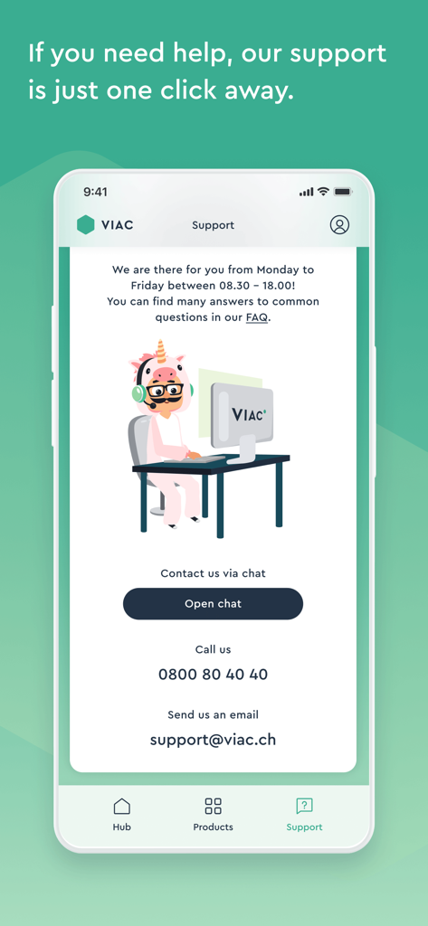 Página de soporte de la aplicación móvil VIAC mostrando opciones de contacto para chat, teléfono y correo electrónico