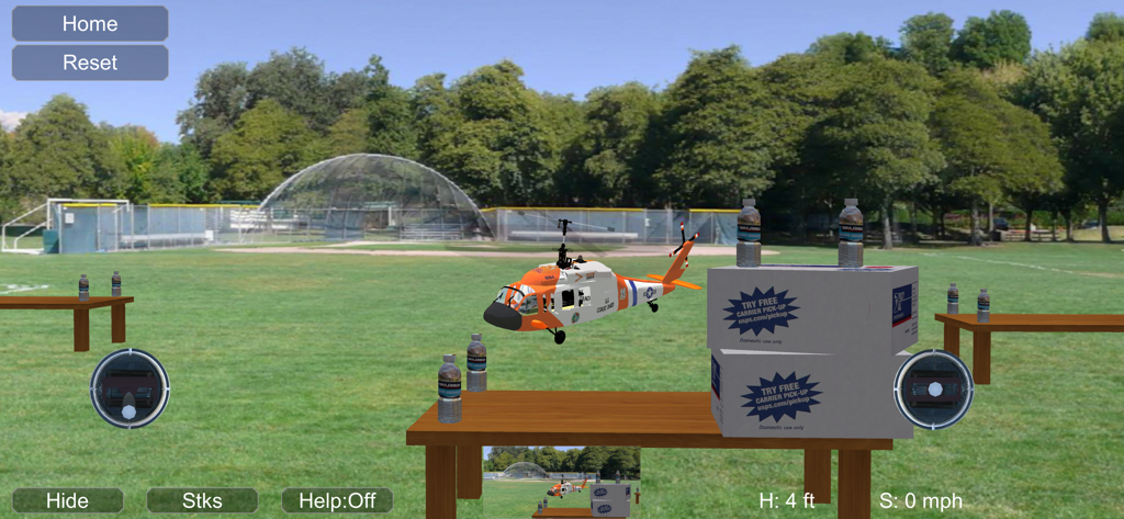 Coast Guard RC helicopter model hovering in a park flight simulator