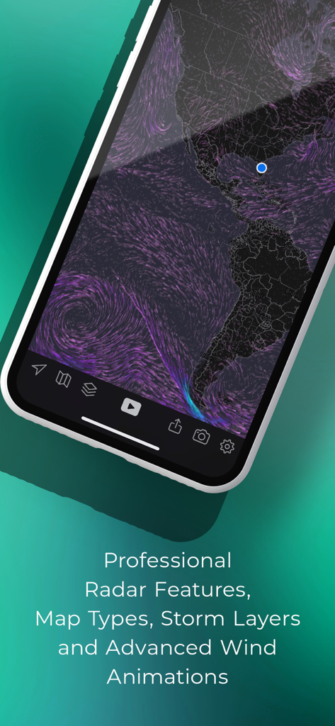 MyRadar Weather Radar Pro - Smartphone screen displaying advanced wind animations and storm layers in MyRadar Weather Radar Pro app.