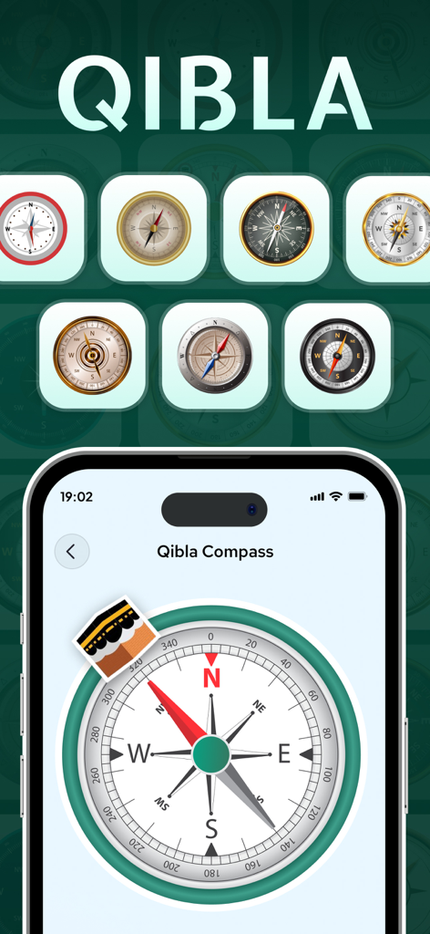 Qibla Compass - Qibla Locator - Une interface de smartphone montrant une boussole Qibla avec diverses options de conception pour trouver la direction de la Kaaba.