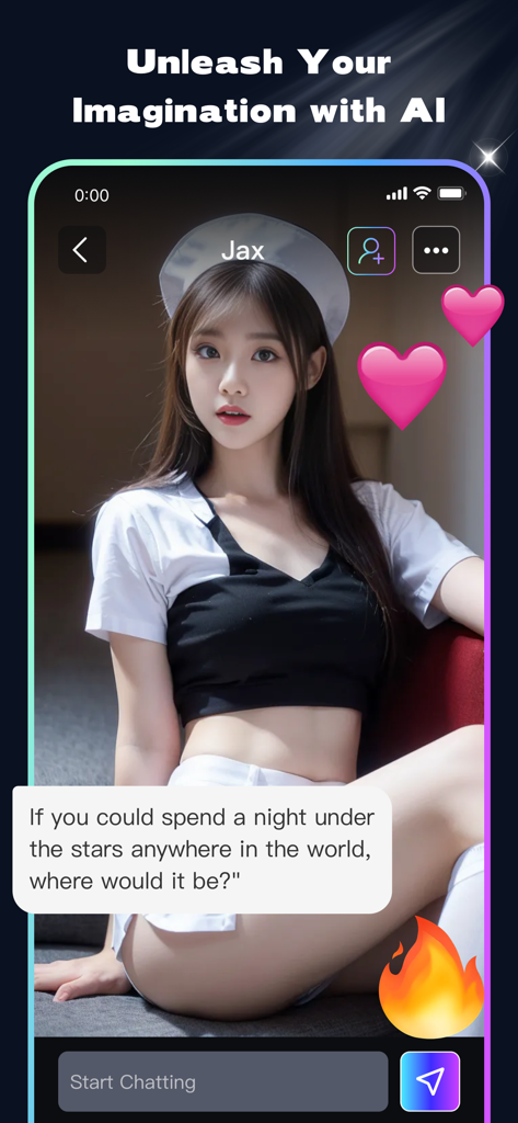 Sweet AI: Lover Character Chat - Oberfläche der Sweet AI App mit einem Chat mit einem KI-Charakter namens Jax.