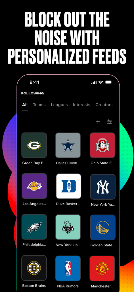 Bleacher Report: Sports News - Interface do aplicativo Bleacher Report mostrando um feed esportivo personalizado com ícones para várias equipes e interesses