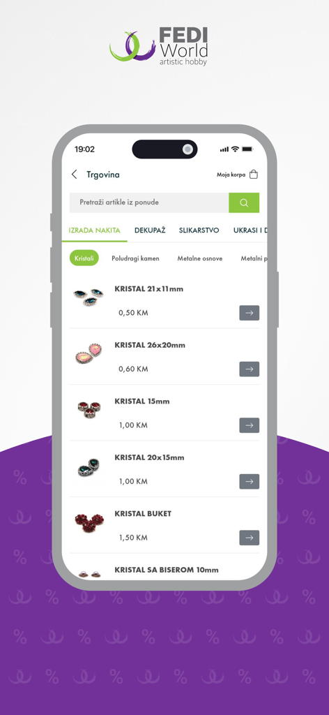 Pantalla de la tienda de la aplicación Fedi World que muestra una variedad de cristales y suministros para hacer joyas con precios.