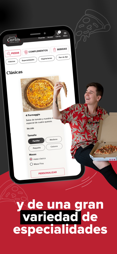 Smartphone screen showing the Pizzeria Carlos app menu with pizza customization options and a smiling customer
