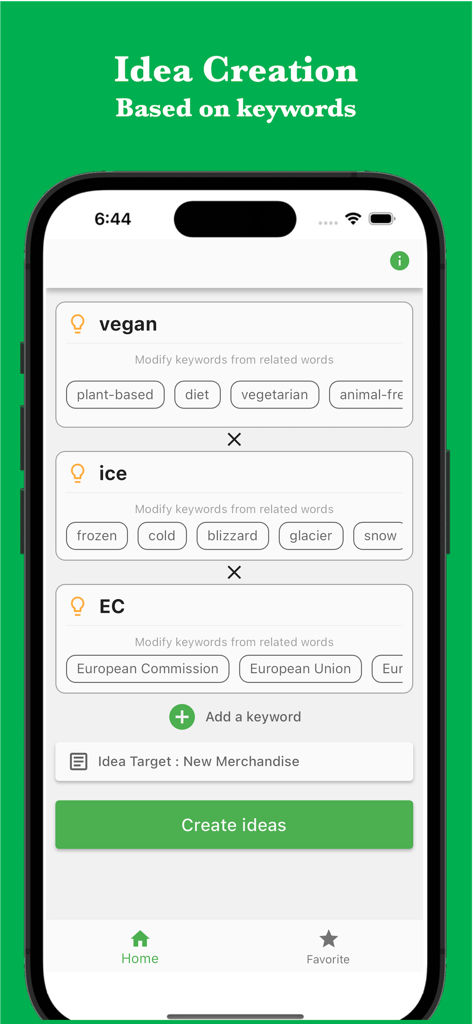 Idea AI - Blend keywords - Smartphone screen of Idea AI app showing keyword selection for brainstorming new ideas