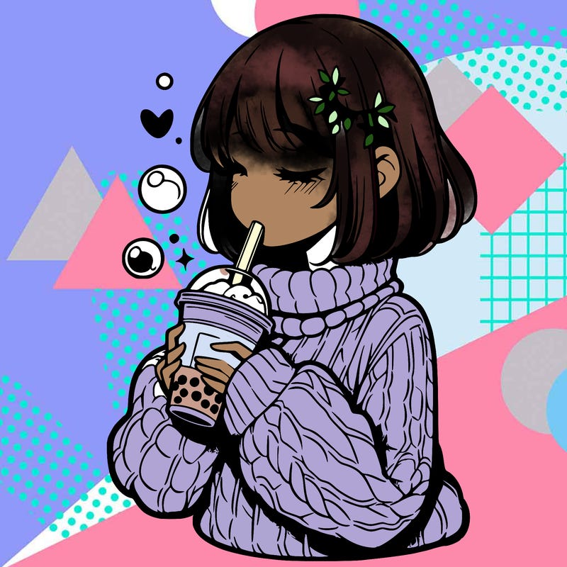 manga girl drinking boba in cozy sweater