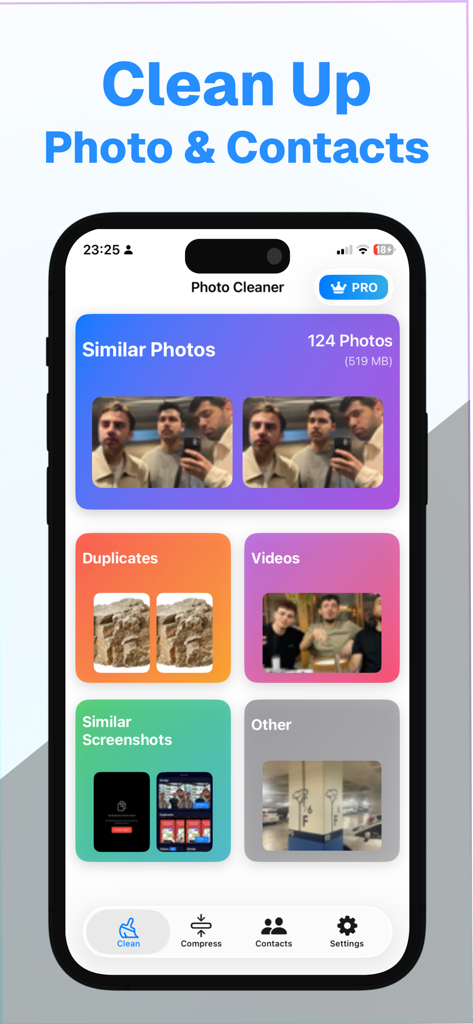 Storage Cleaner - iCleanup - iPhone app interface showing storage cleaning options for similar photos videos and duplicates
