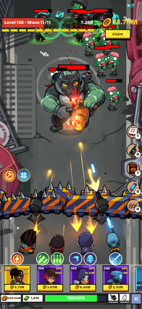 Zombie Idle Defense - Gameplay screenshot of Zombie Idle Defense showing four heroes defending a barrier against waves of zombies and a large boss enemy.