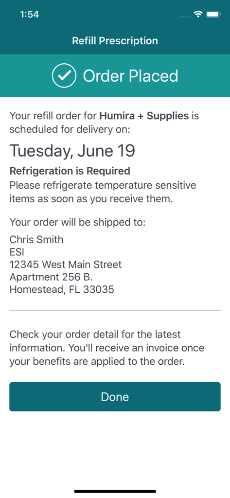 Accredo app screen showing a successful order confirmation for a specialty medication refill