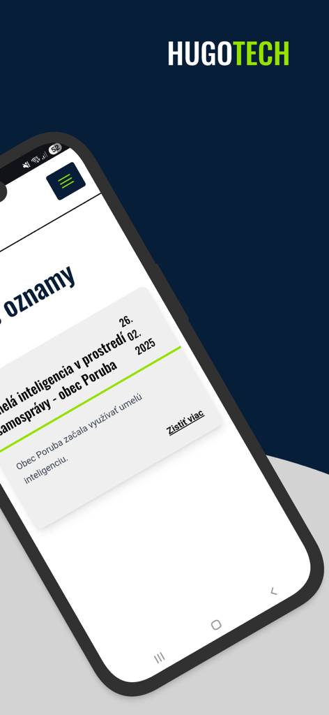 HUGO info - Tela de smartphone do aplicativo HUGO info exibindo anúncios municipais oficiais e alertas de notícias para residentes