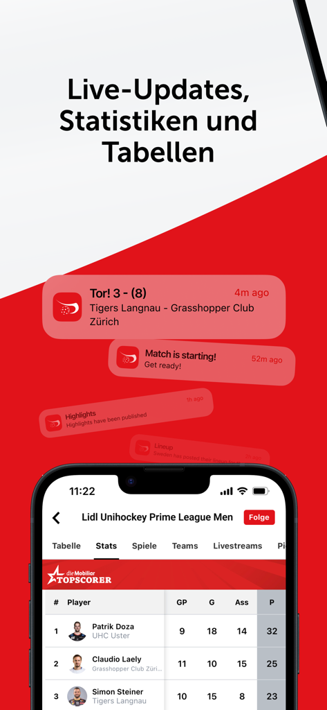 swiss unihockey hub - Swiss unihockey hub app showing live notifications and player statistics