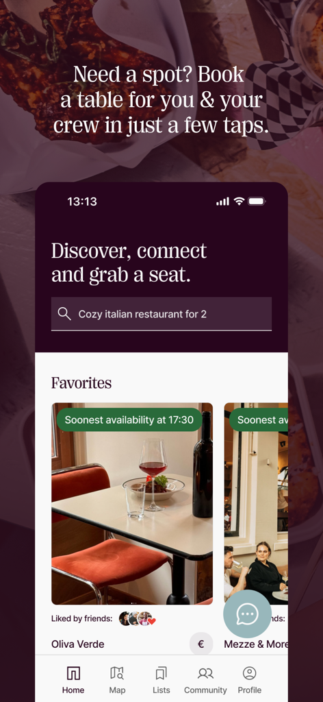 Dinee - Dinee App-Startbildschirm mit Restaurantempfehlungen und einer Suchleiste zum Buchen von Tischen.