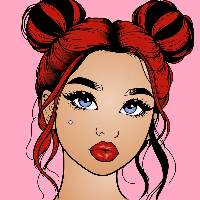 realistic girl with two buns on her hair and lips