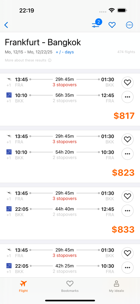 idealo flights app search results for Frankfurt to Bangkok showing multiple price options and flight durations