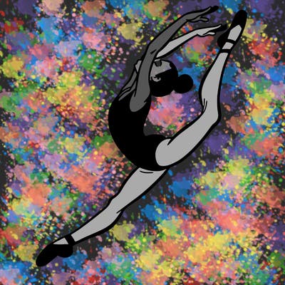gymnast doing a leap in a leotard with a bent back leg