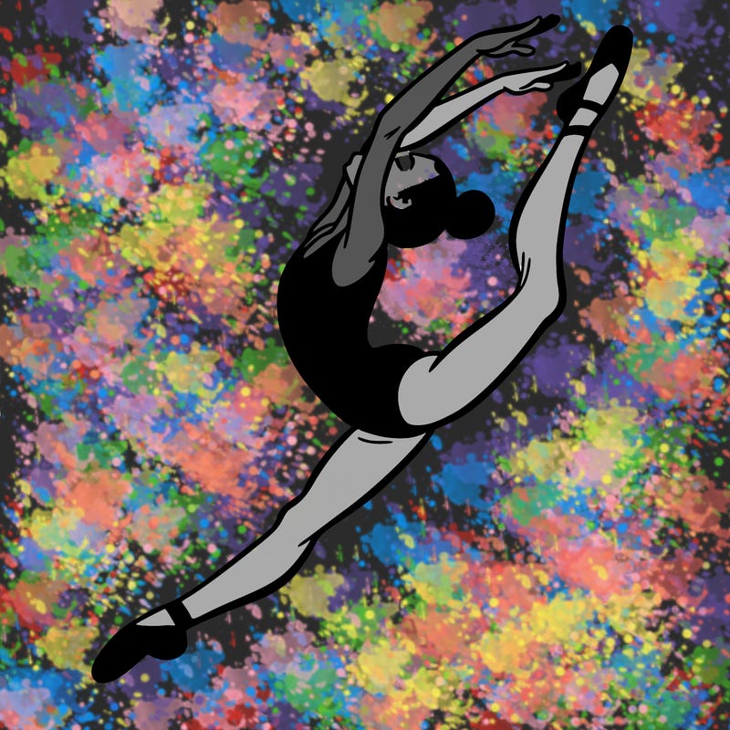 gymnast doing a leap in a leotard with a bent back leg