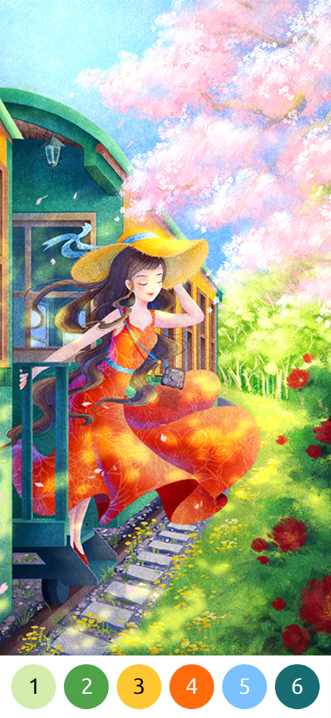 Ilustración digital de pintar por números de una chica con vestido naranja en un vagón de tren verde bajo flores rosadas