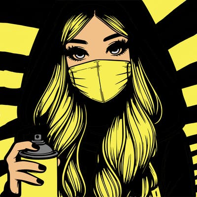girl wearing a mask with long hair with her hood up spray-painting realistic