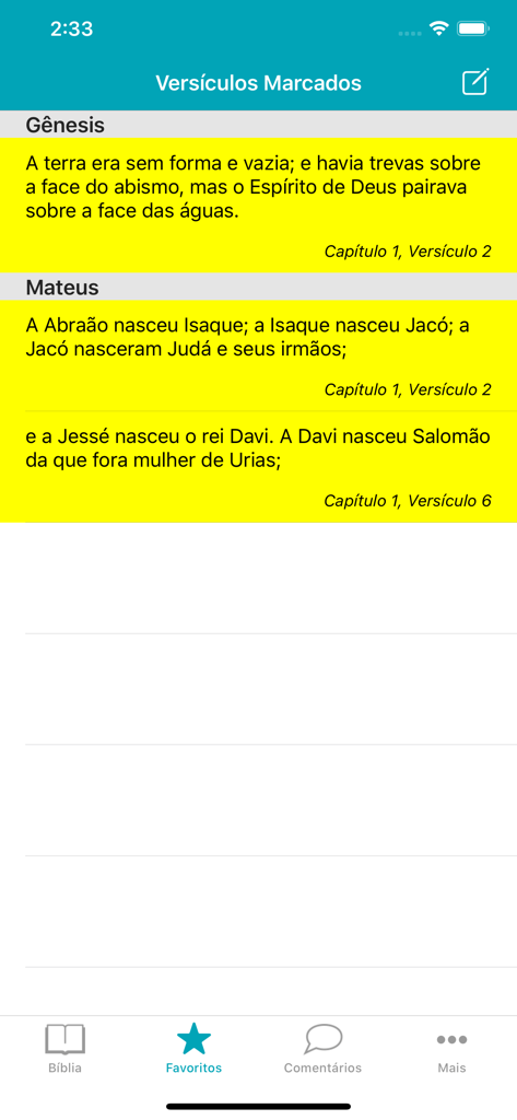 Screenshot der Seite mit markierten Versen in der portugiesischen Bibel-App, der hervorgehobene Schriftstellen aus Genesis und Matthäus zeigt.