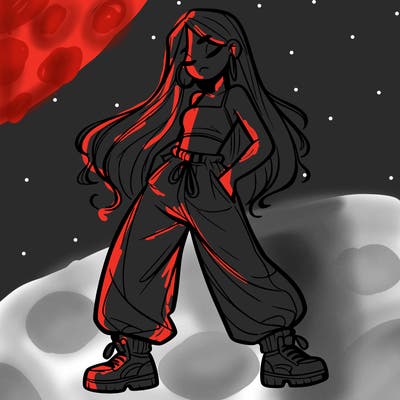 girl in baggy pants crop top and long hair