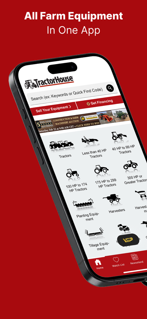 TractorHouse: Farm Equipment - A smartphone displaying the TractorHouse app home screen featuring farm equipment categories like tractors and harvesters