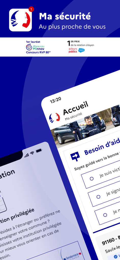 Ma Sécurité - Interface of the Ma Securite mobile app showing safety features and reporting options