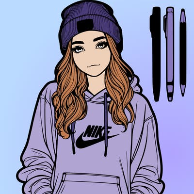 realistic girl wearing a hoodie and a beanie and nikes
