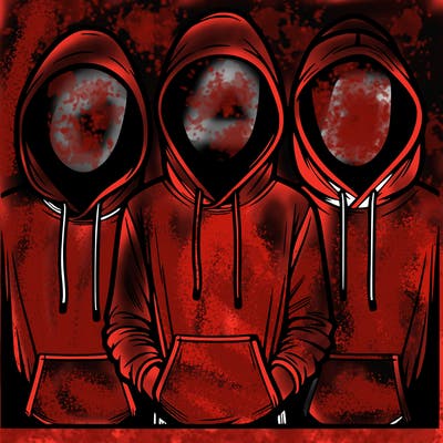 3 faceless people in  hoodies