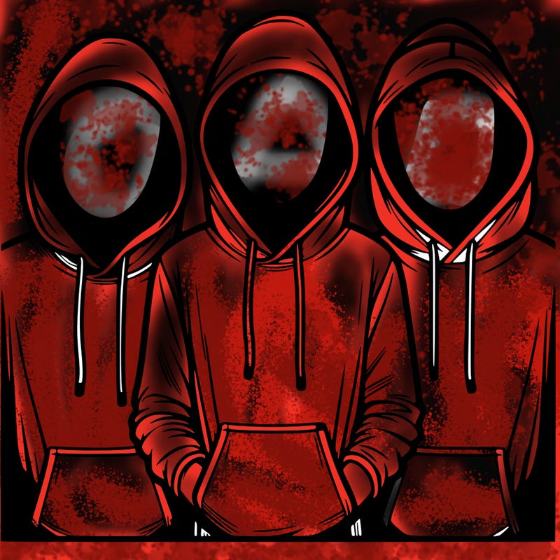 3 faceless people in  hoodies