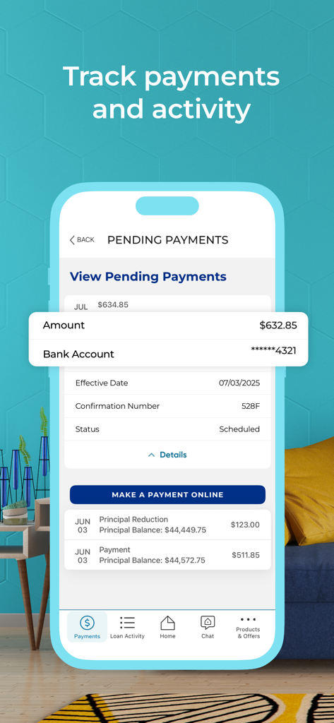 PennyMac Mobile app screen showing pending mortgage payments and loan activity details.
