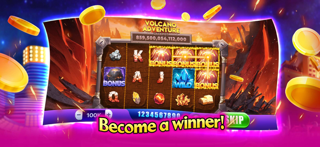 Jackpot Slots:Free Casino Game - A Volcano Adventure themed slot machine game with the message Become a winner and floating gold coins.