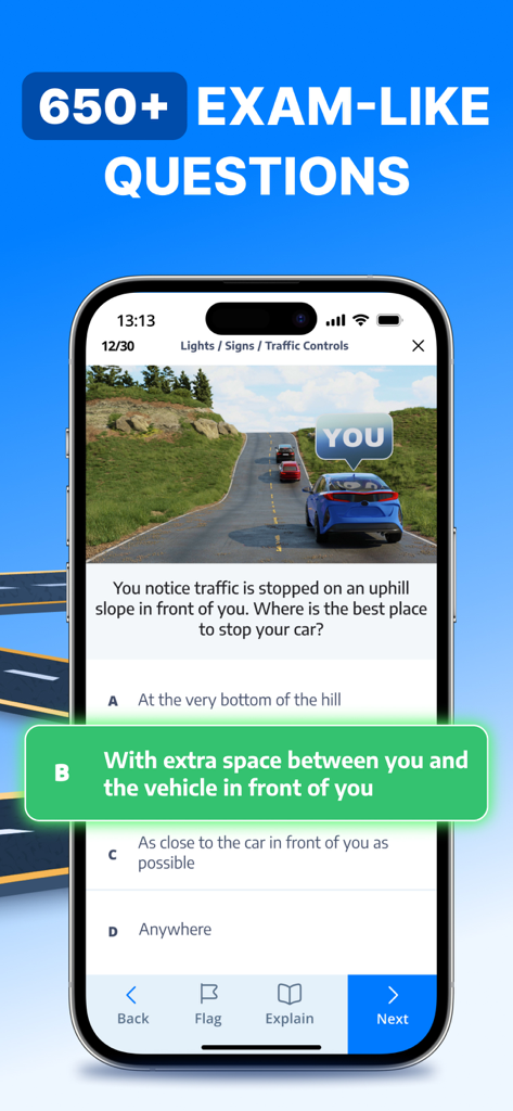 DMV Permit Practice Test: Luma - Screenshot of the Luma DMV Permit Practice Test app showing a 3D traffic scenario and multiple-choice exam questions
