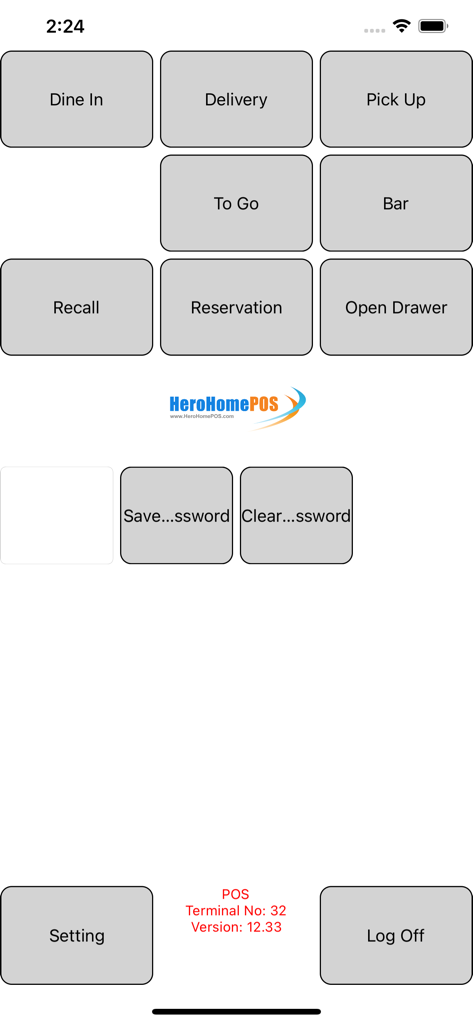 Main menu screen of the Herohomepos restaurant POS app showing service options like Dine In Delivery and Pick Up.