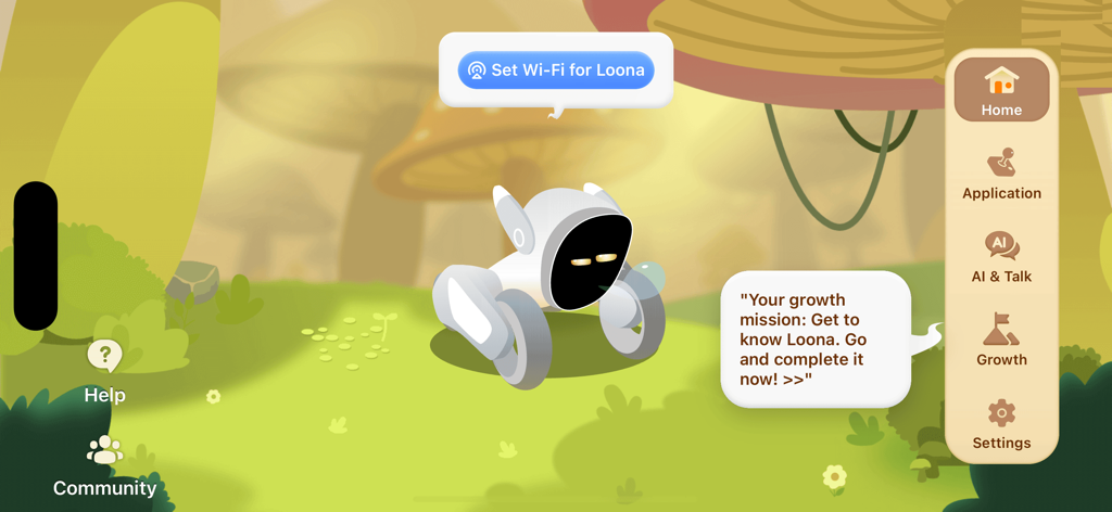 Hello Loona - Interfaz principal de la aplicación Hello Loona con personaje robot y menú de navegación