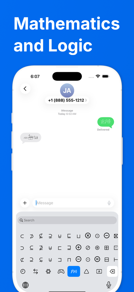 Uniboard app showing a specialized keyboard with mathematical and logic symbols on an iPhone.