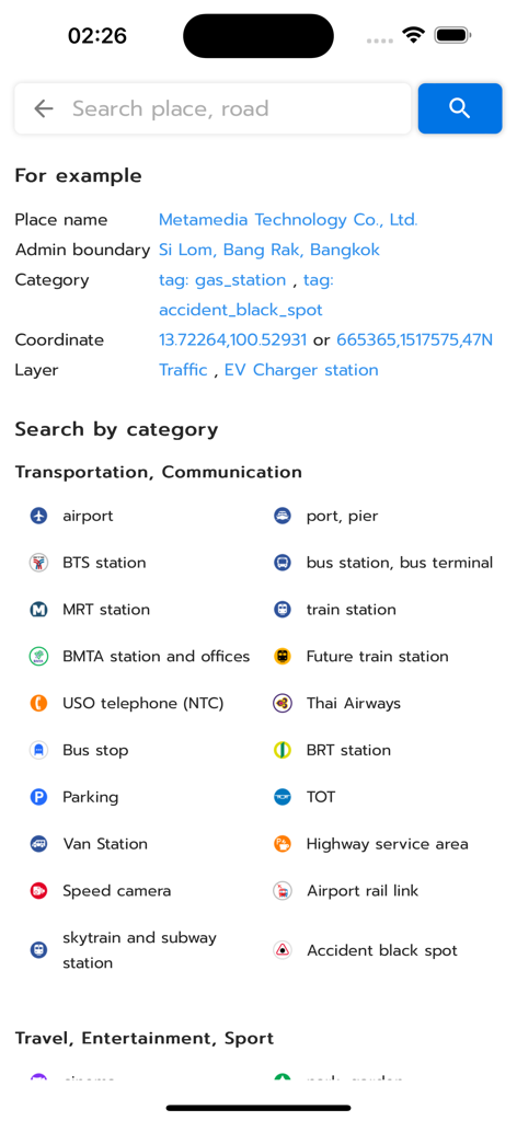 Longdo Map - Tela de busca do aplicativo Longdo Map mostrando categorias de transporte como estações BTS e MRT