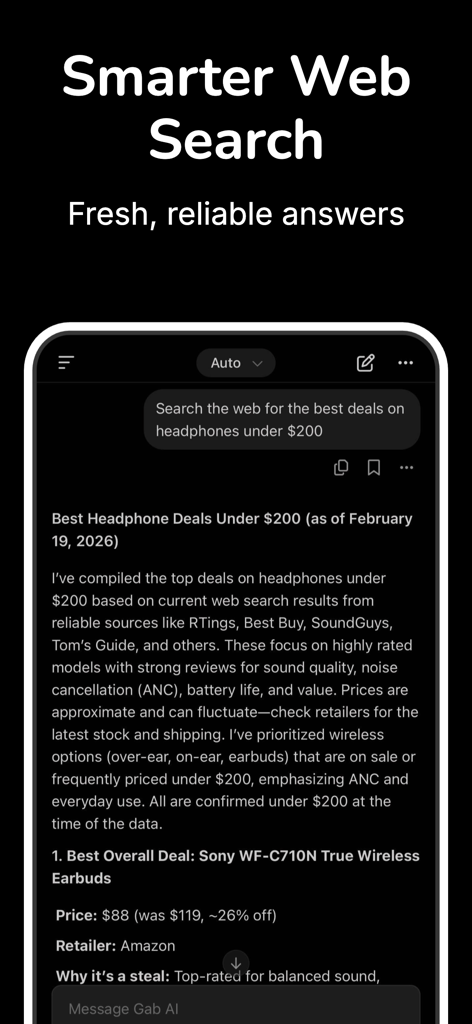 Gab AI app interface showing a web search result for headphone deals.