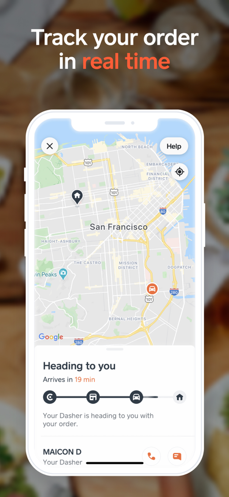 Interfaz de la aplicación de entrega de comida Caviar que muestra un mapa de seguimiento en tiempo real de un pedido que llega a San Francisco.