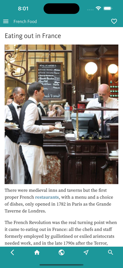 French Food Decoder - Un artículo en la aplicación French Food Decoder titulado Comer fuera en Francia, con una foto de un bistró tradicional y texto histórico.
