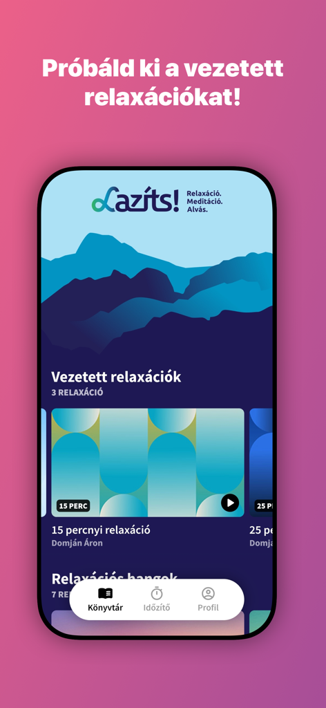The Lazits app interface showing guided relaxation sessions and mountain background