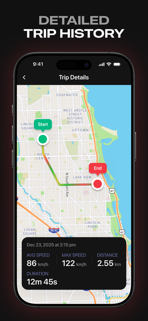 Speedometer GPS - MPH Tracker - Detailed trip history screen in the Speedometer GPS app showing a map route with start and end points along with speed and distance statistics.