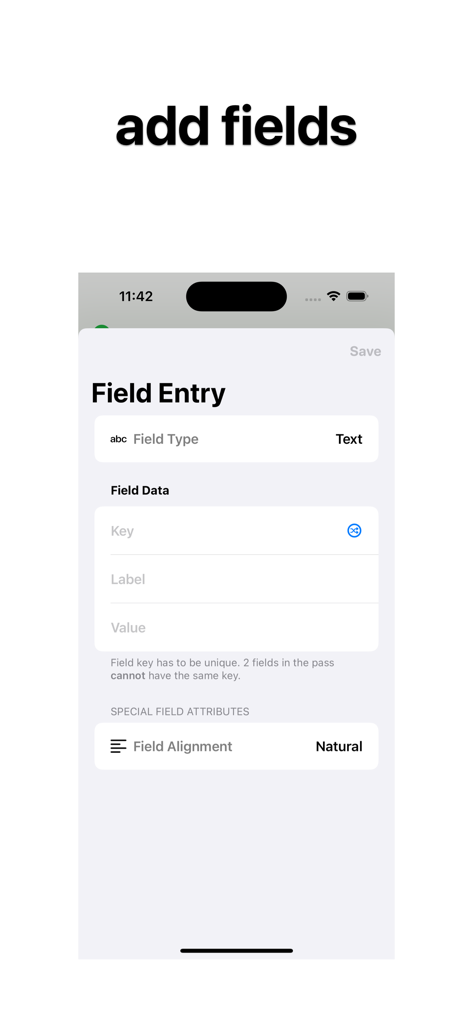 Interface para adicionar campos de texto e dados personalizados a um passe de carteira digital