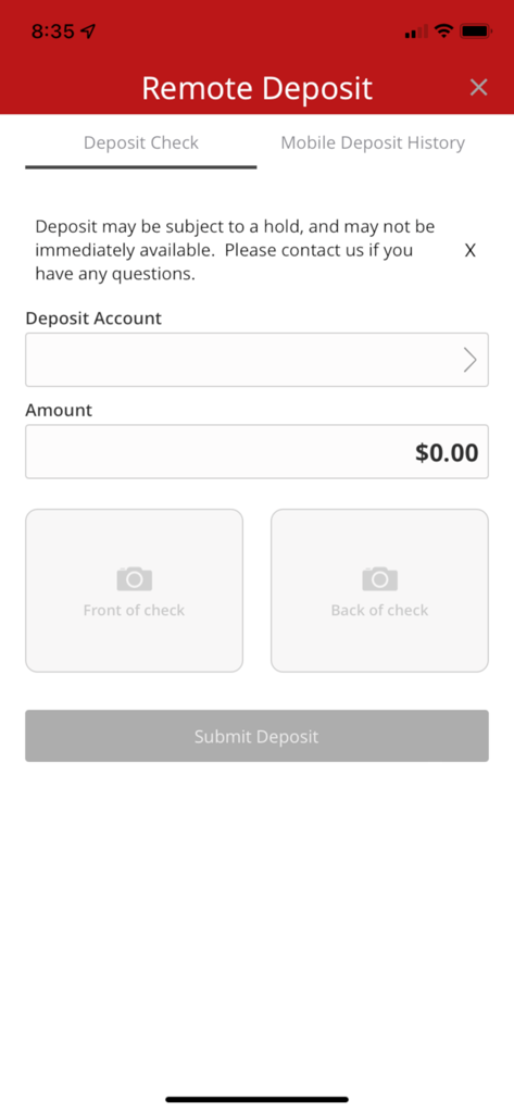 IBC Bank - IBC Bank mobile app remote check deposit screen showing fields for account amount and check images