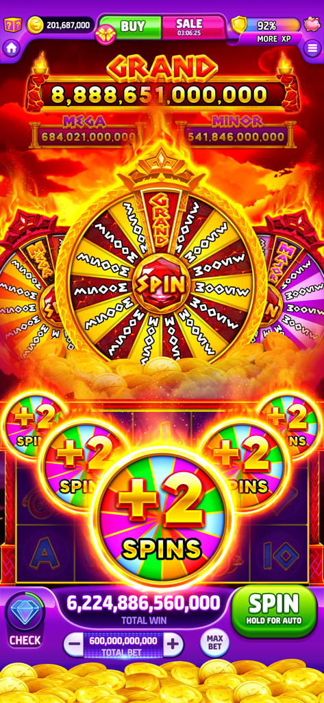 A vibrant bonus spin wheel in Cash Tornado Slots Casino game with a massive grand jackpot counter.