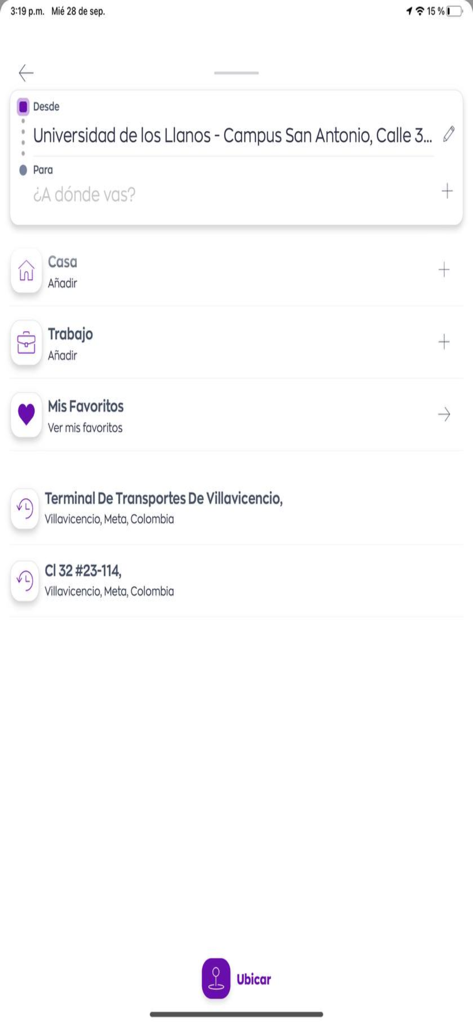 Taxi Estrella Villavicencio - Taxi Estrella Villavicencio Mobile App-Bildschirm mit Optionen zur Zielauswahl und gespeicherten Adressen
