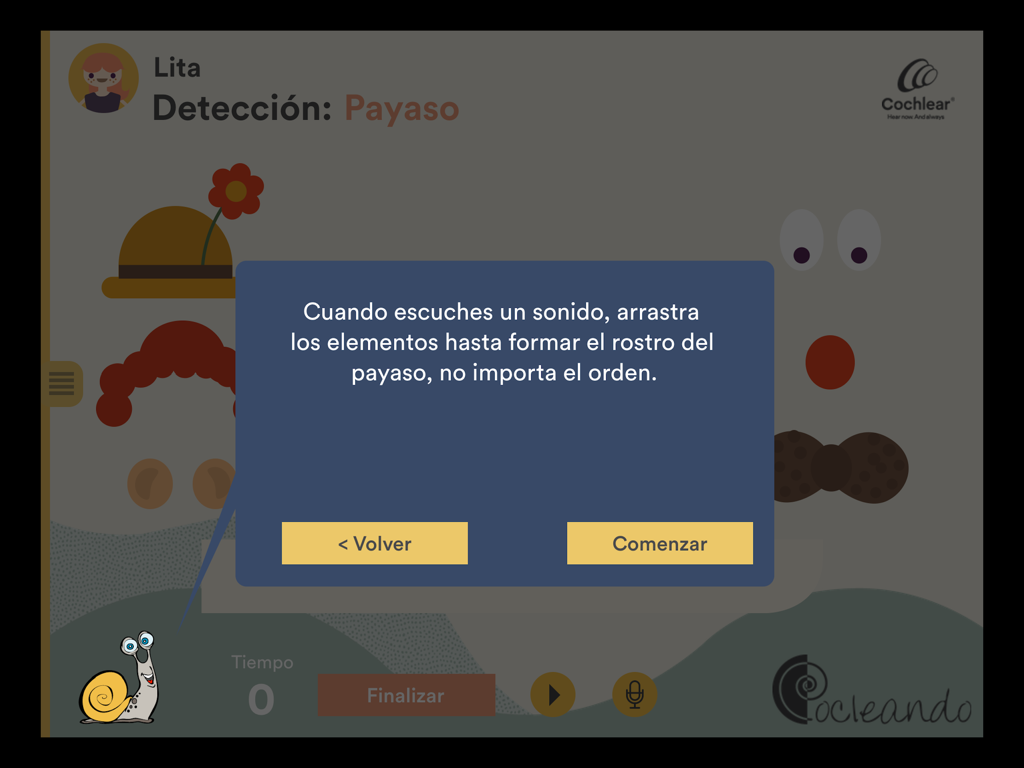 Captura de pantalla de las instrucciones para un juego de detección auditiva con temática de payaso en la aplicación Cocleando.