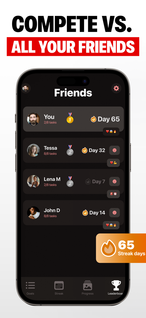 75 Day Challenge - Hard & Soft - Friends leaderboard screen showing user rankings, task progress, and daily streaks in the 75 Day Challenge app